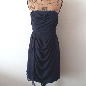Vera Wang Navy Strapless Grecian Draped Dress